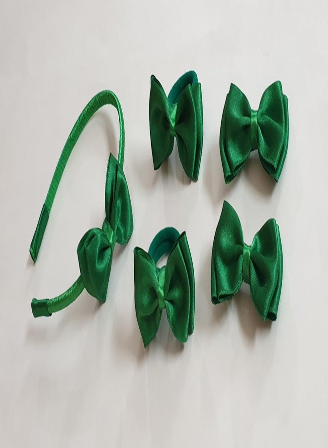 Belleza Crafting with Creativity Hair Accessories Set-5/ Bow Hairband with Bow Hairclip and Bow Ponytail Band/Combo Set for Girls Pattern1 (Green SHDD1) - Image 2